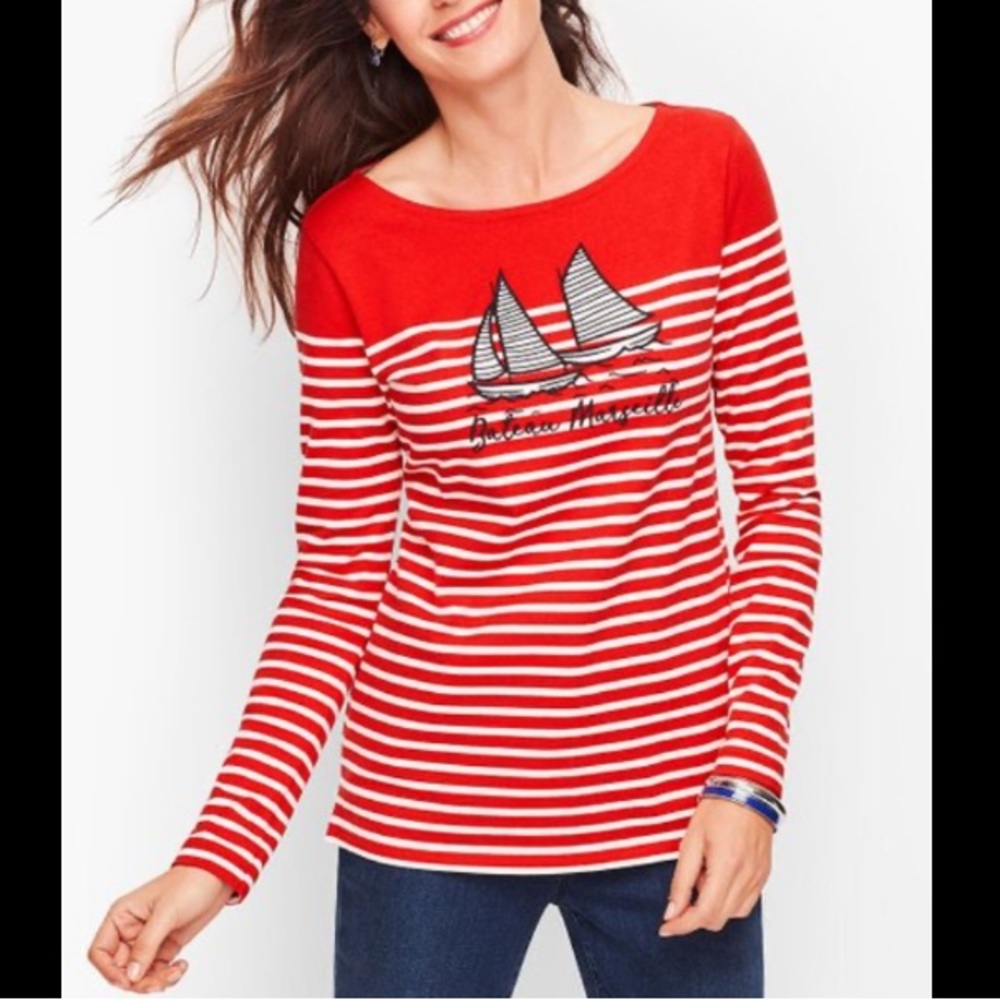 Talbots Sailboat Embroidered Nautical Striped Top, Size XS, Red White